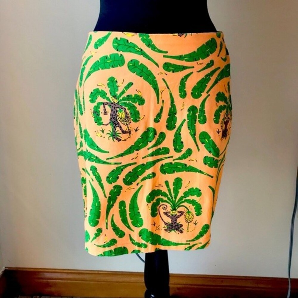 GOVANGO Vintage Tropical Skirt Jungle Orange Monkey Leaf Pencil Skirt Size 4